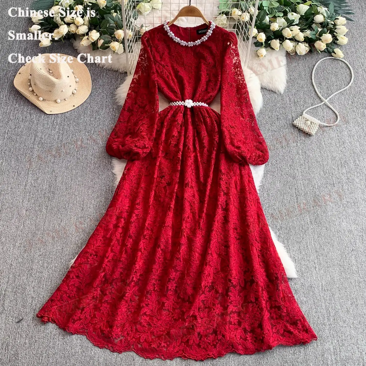 

Elegant Summer Embroidery Lace Formal Evening Lace Dresses Women Pearl Autumn Long Sleeve Dress Hollow Out Party Vestidos