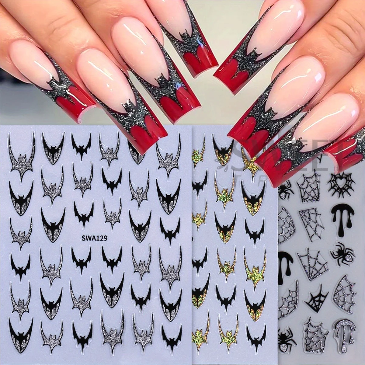 2/3 pezzi adesivi per unghie pipistrello glitter scintillanti design francese brillante ragnatela cuore decalcomanie adesive cromate decorazioni per manicure di Halloween