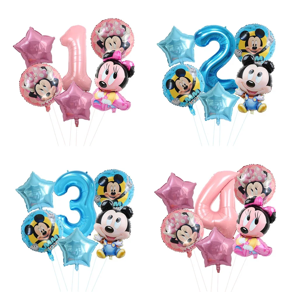 6pcs Disney Minnie Mickey Mouse Aluminium Foil Balloons Boys Girls 1-9th Birthday Party Kids Gifts Baby Shower Decoration 2024