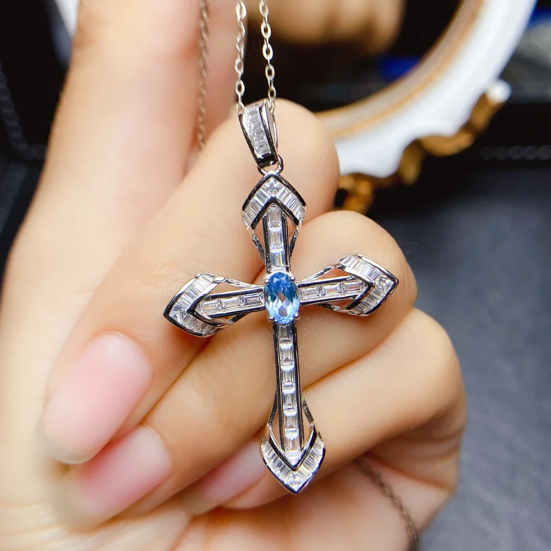 FS Natural Aquamarine/Topaz/Emerald Cross Pendants S925 Sterling Silver Fine Fashion Charm Wedding Jewelry for Women MeiBaPJ