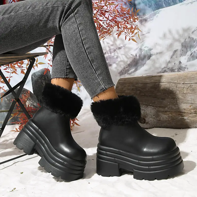 

Furry Thick Bottom Height Increasing Ankle Boots Women Chunky Platform Waterproof Pu Leather Short Boots Women's Winter Booties