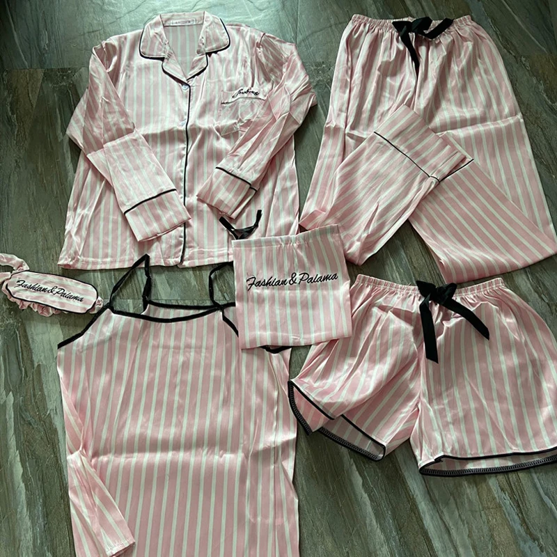 Autumn Spring 7 Pieces Set Silk Elegant Women Pajamas stripe Shorts Long Sleeve Tops Elastic Waist Pants Full Lounge Sleepwear