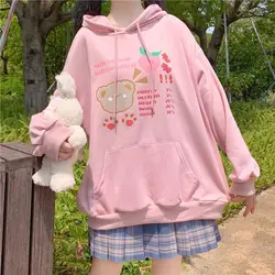 Lolita Mori Girl Harajuku Kawaii Hoodie With Long Rabbit Ear Cap Women Cute Bear Print Thin Sweatshirt Street Fashion Pullovers