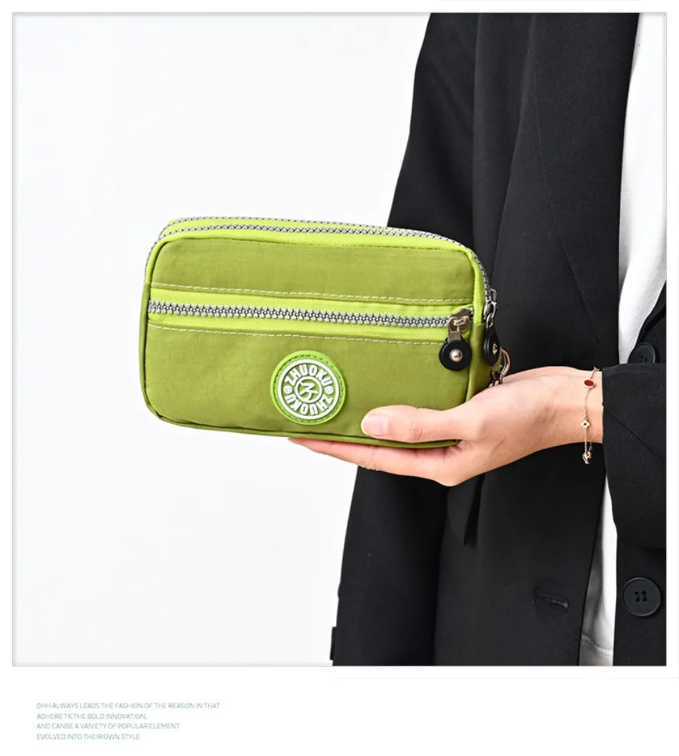 2026 New Clutch Women's Bag Three-Layer Zipper Mini Nylon Cloth Solid Color Mobile Phone Bag Coin Purse