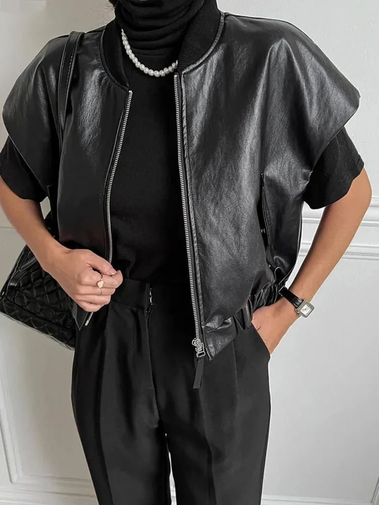 

] Fashion Women Short Leather Vest Women Black High-end Zippered PU Sleeveless Jacket Autumn Winter New Trend Top