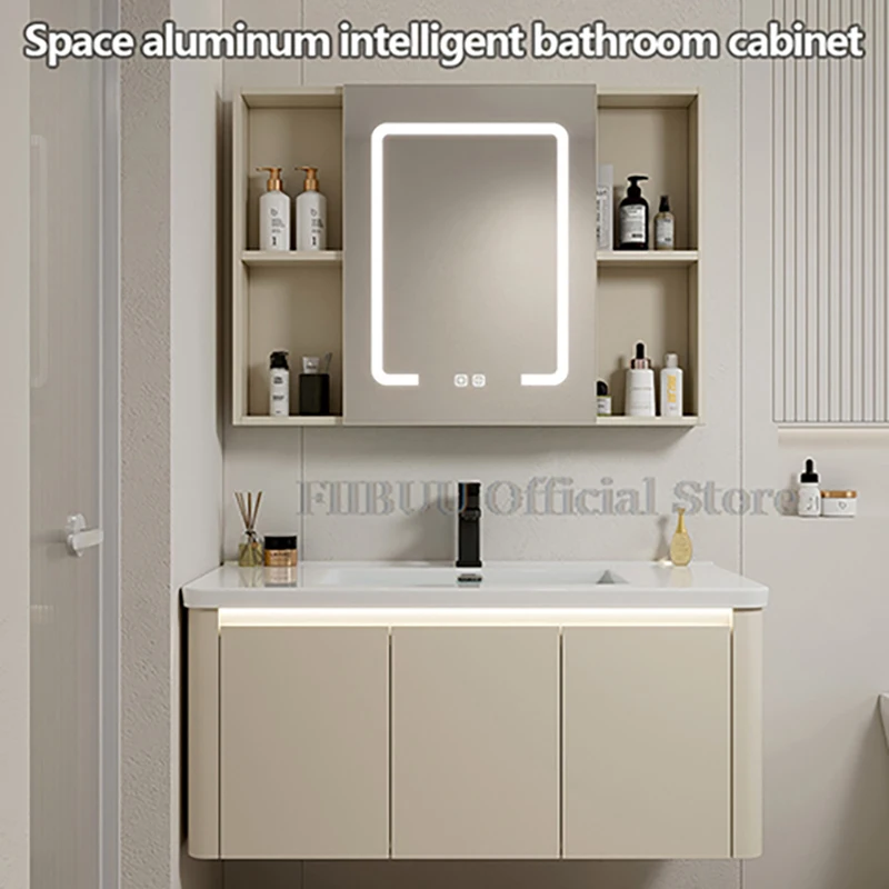 

Bathroom Cabinet with Rounded Corners Ceramic Washbasin Wall-mounted Bathroom Dressing Storage Cabinet with Mirror and Faucet