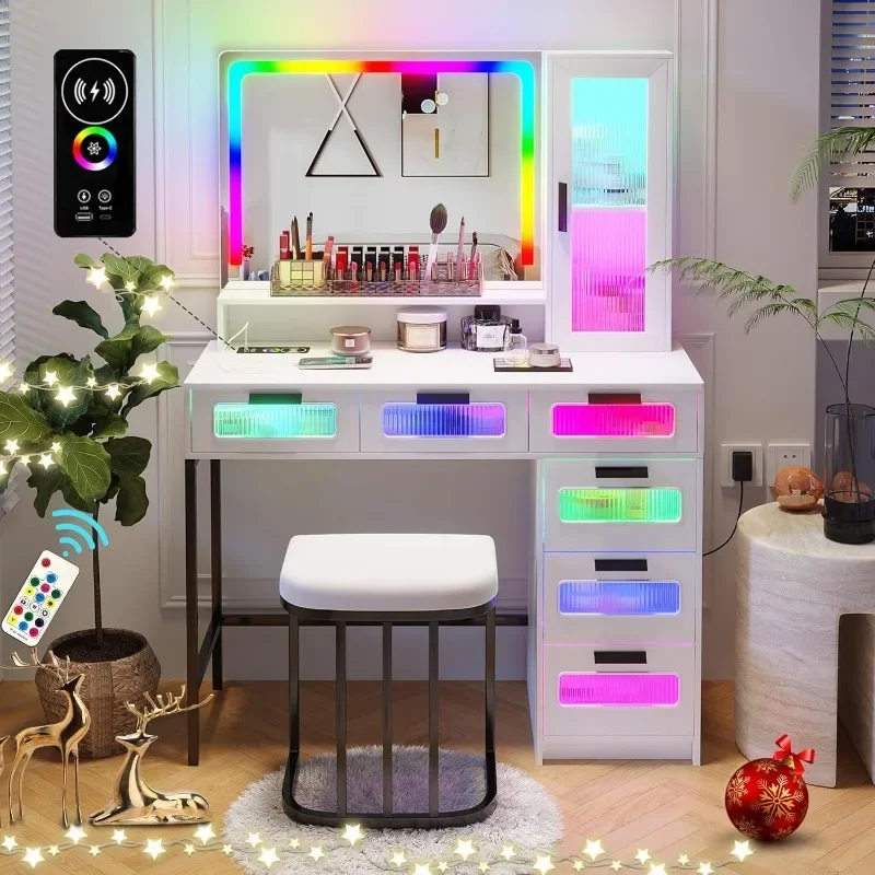 White LED Vanity, Makeup Vanity with RGB Lights and 6 Drawers, Makeup Desk with USB/Wireless Charging, Dressing Table with