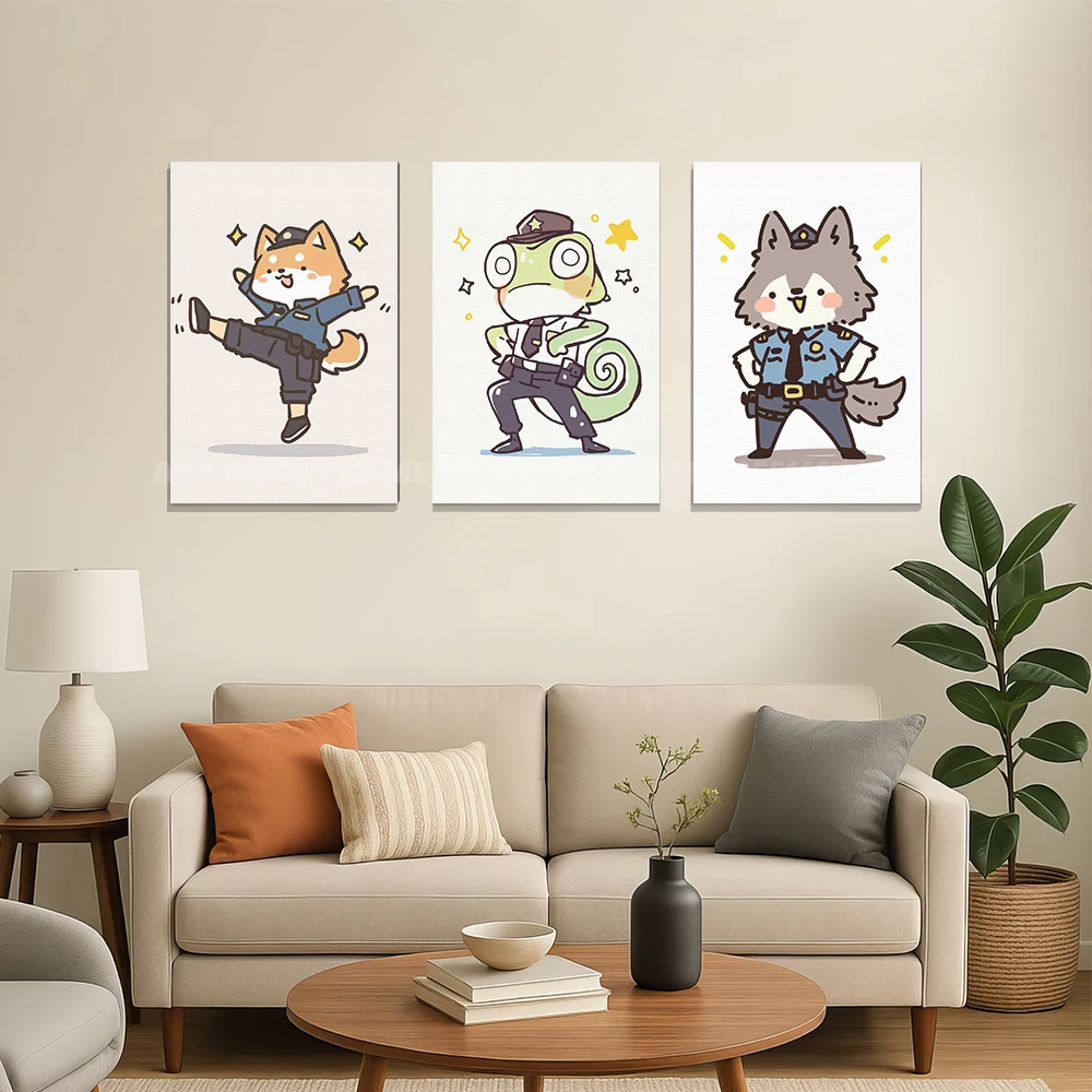 Cute Cartoon Animal Police Unframed Canvas Poster, Lovely Zoo Cop Character Art Print, Kids Room Wall Picture Home Decor