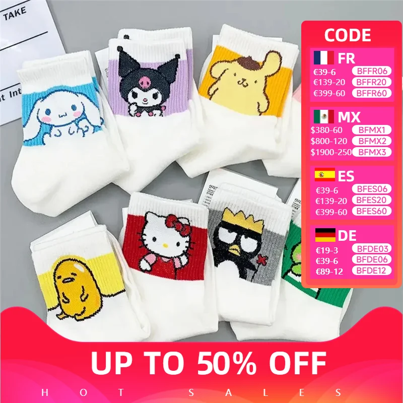 Носки Y2K Hello Kitty для девочек, средние Носки Kuromi Cinnamoroll, кавайные носки Sanrio Melody Rosered, черные и белые женские носки