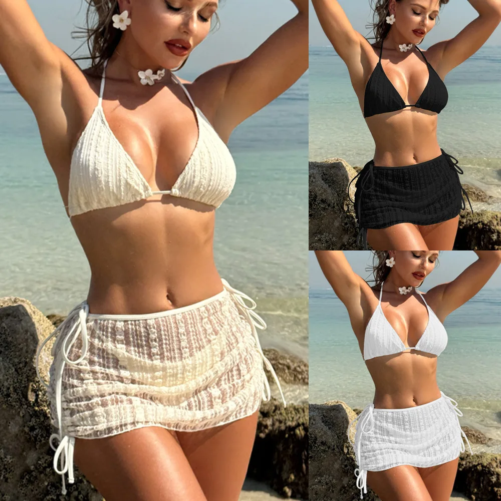 2025 fashion new solid color split swimsuit women bikini three-piece seaside beach swimsuit