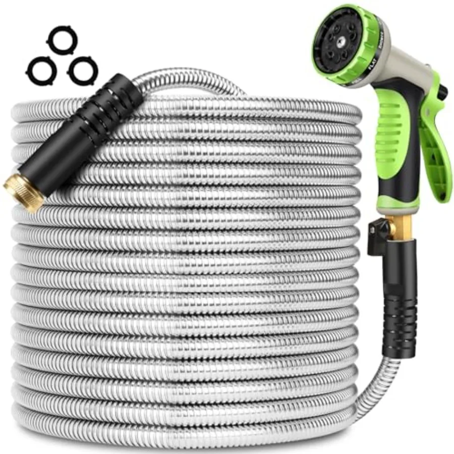 

Metal Garden Hose 100 Feet Stainless Steel Water Hose Heavy Duty with 10 Way Nozzle-Flexible Lightweight Durable No Kink Tangle