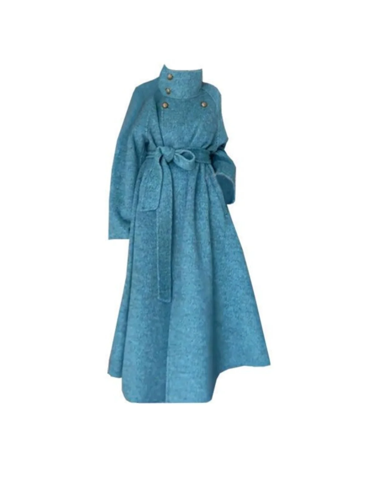 

plus Size Blue Woolen Coat Women's Spring Autumn Straight Cut Korean Sle Long Sve Stand Collar Slimming Aosphere Coat