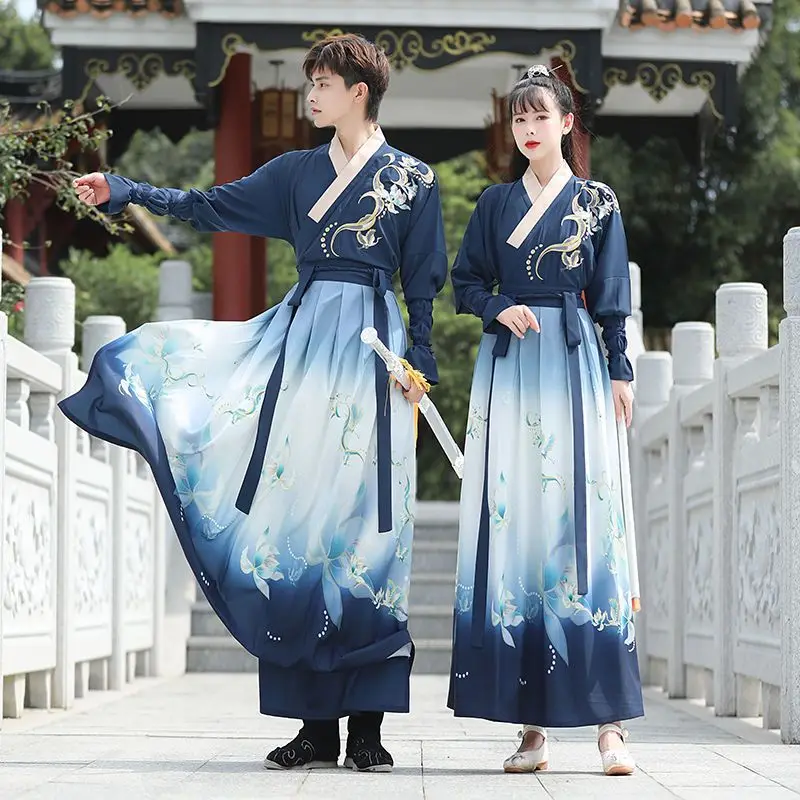 

Chinese style couple CP Hanfu men's and women's cross-neck embroidery two-piece set of gradient printing student class clothing