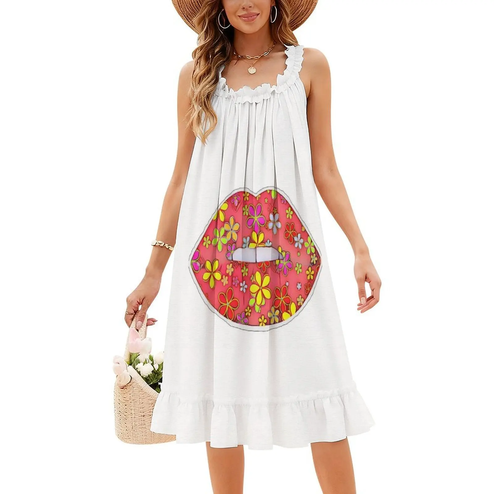 فستان قصير على طراز Flower Lips Preppy للنساء على شكل حرف a فضفاض مناسب فستان يوم غير رسمي موسيقى ملاحظات موسيقية جرافيك امرأة #4