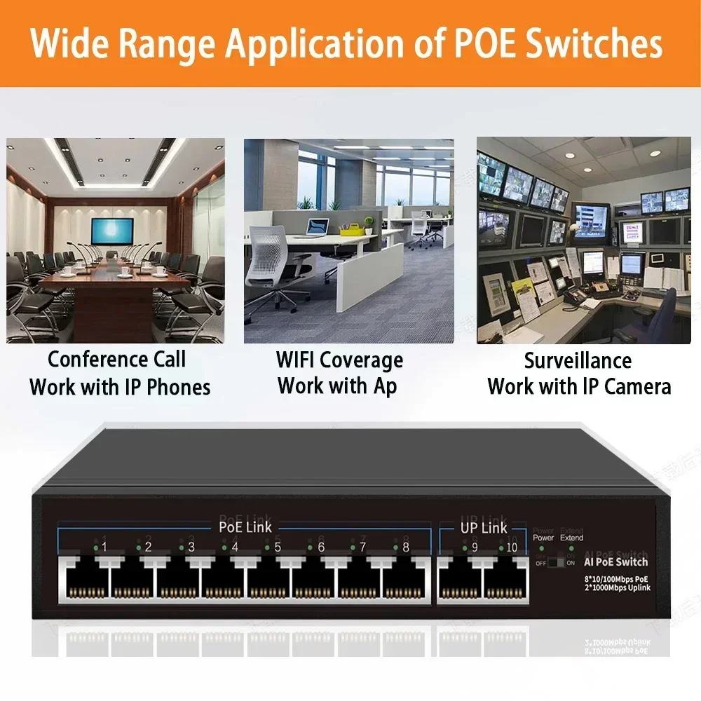 Huitenda 10/100Mbps AI Smart POE Switch 4/8/16/24Port 250M Extend VLAN RJ45 Ethernet Switch IEEE 802.3AF/AT for IP Camera/Router