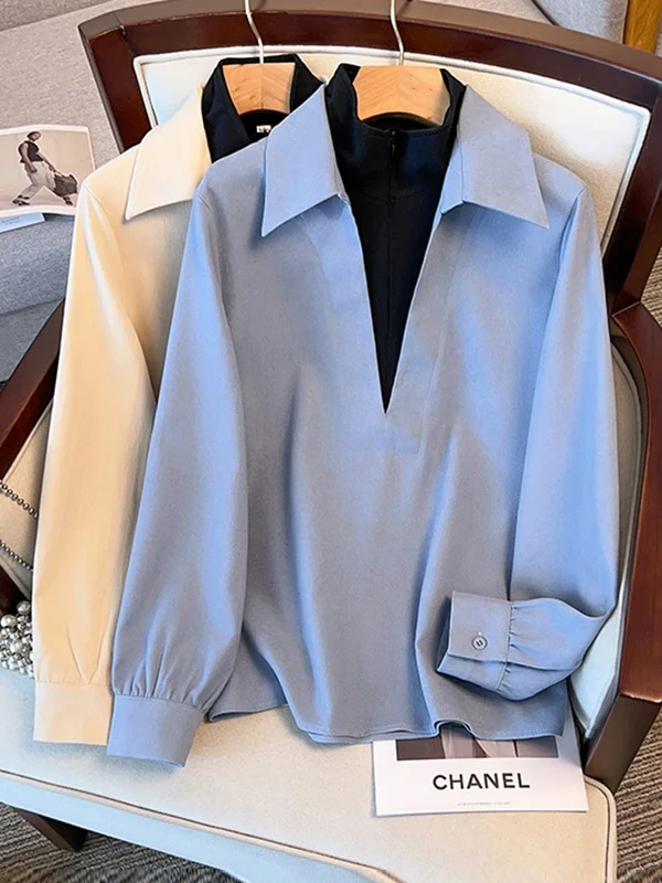 

Stylish plus Size Women's Shirt High Collar Zipper Top Trendy Spring Fashion Full Sleeve mid Length Single Piece Pure Color