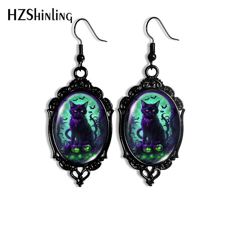 2024 New Green Moon Cat Dangle Earring Halloween Black Lace Earrings Oval Glass Photo Jewelry Gifts Party