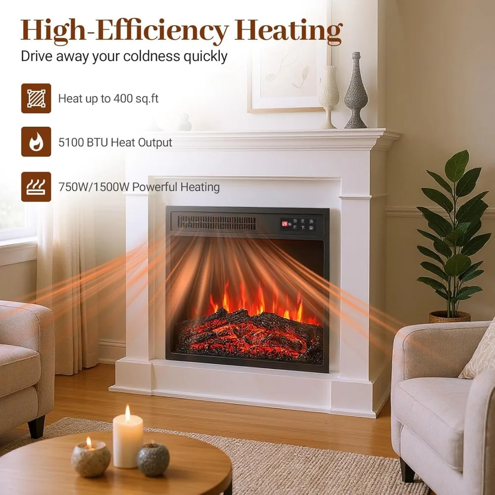 سخان مدفأة كهربائي مقاس 18 بوصة من تانغكولا، إدراج مجوف مع لهب قابل للتعديل بـ 7 ألوان، مخرج حراري 750 وات إلى 1500 وات، 8 ساعات #6