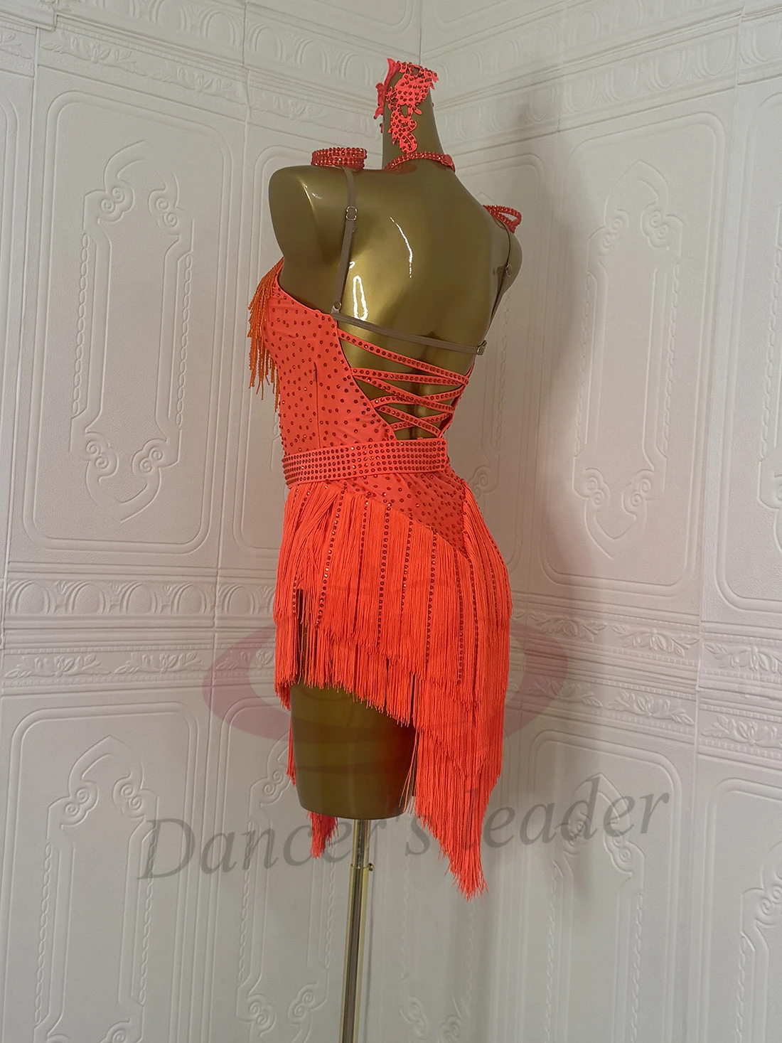 Dança latina adulto crianças vestido ab pedra high-end personalizado laranja grânulo tubo borla cha tango roupas femininas