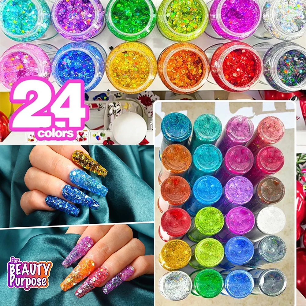24 Bottle Set 1.76oz 50g Holographic Chunky Glitter Craft Powder Mixed Chunky Fine Nail Sequins For Nail, Festival Decor