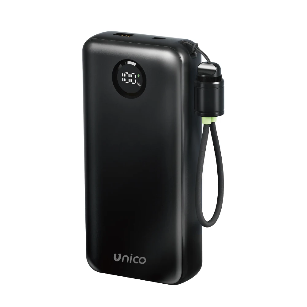 Chargeur portable UNICO PB2241 20000mAh 22.5W à charge super rapide avec câble intégré, cordon inclus, noir, certifié RoHS