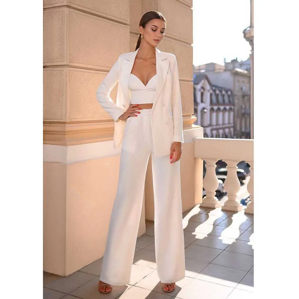 

Elegant White Suits for Women Double Breasted 2 Piece Jacket Pants Female Clothing Slim Fit Formal Office Lady Blazers Sets