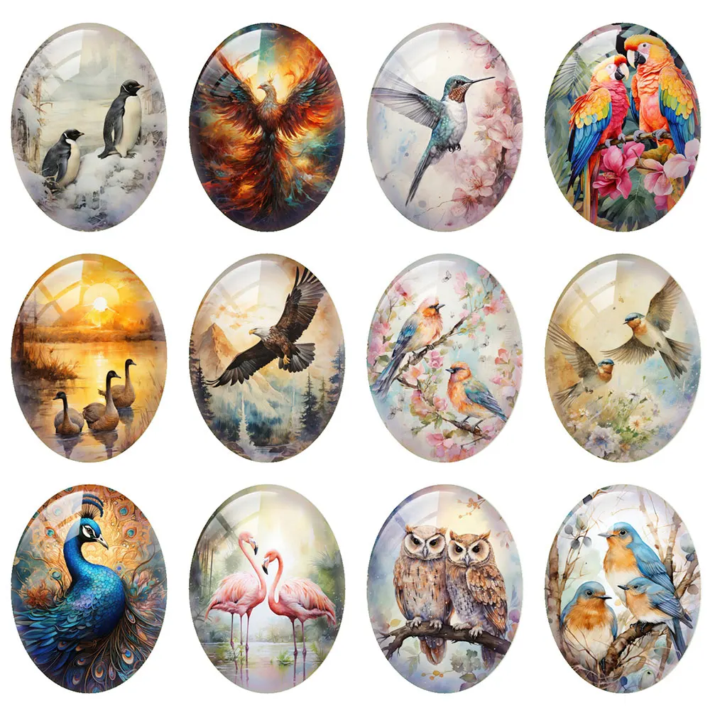 

10pcs/lot Flower Bird Peacock Parrot Oval Photo Glass Cabochon Flatback Demo Flat Back Cameo For Diy Jewelry Making Supplies