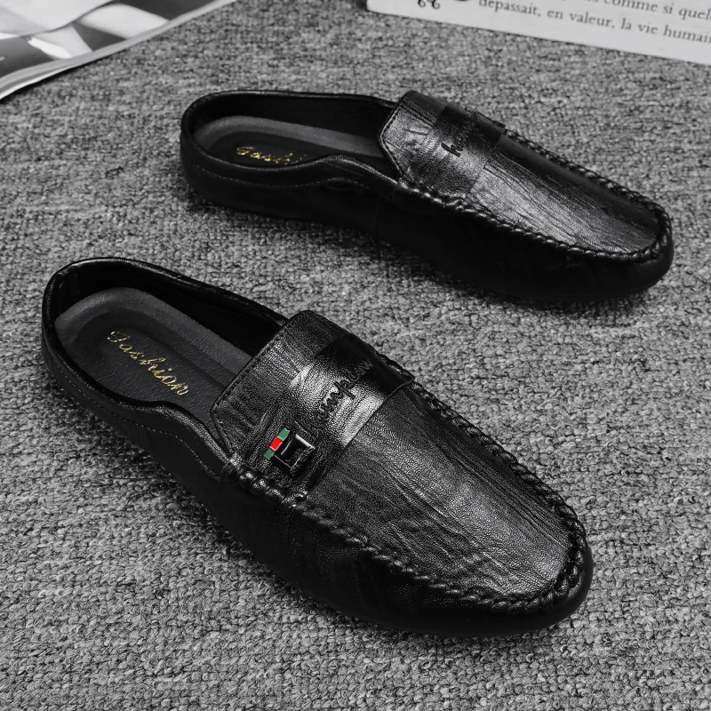 Lightweight Summer Men Shoes Mens Mules Half Slippers Leather Backless Casual Shoes non-slip Flat Sandals Male Slides