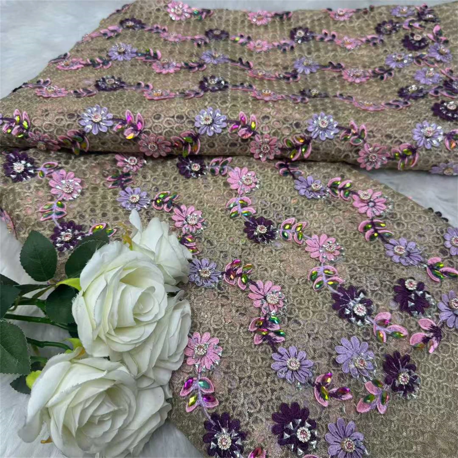 

Luxury African French Applique Gem Guipure Lace High Quality 2025 Chantilly Nigerian Hollow Lace Fabric For Women Party Dresses