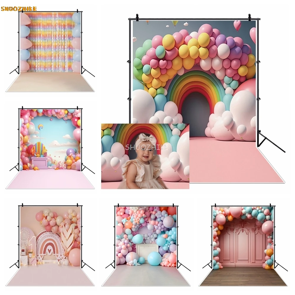 

Girls 1st Birthday Newborn Photography Backdrop Colorful Balloon Kids Portrait Baby Shower Photographic Background Photo Studio