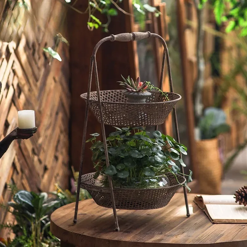 Vintage Wrought Iron Hanging Flower Basket Multi Tier Plant Stand Outdoor Garden Decor Retro Metal Planter Holder for Home