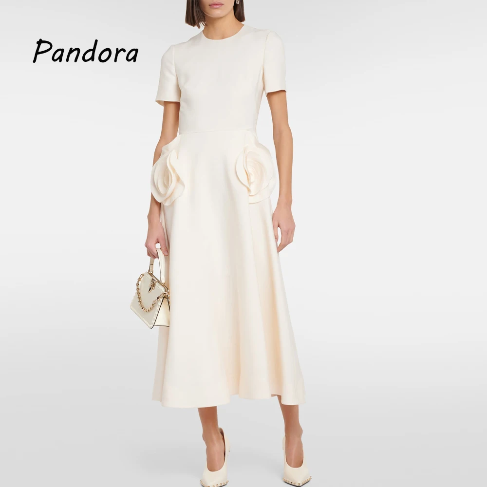 

Pandora 2024 O Neck Evening Dresses With Short Sleeves Ankle Length A Line Formal Occasions Dress with 3D Flowers New