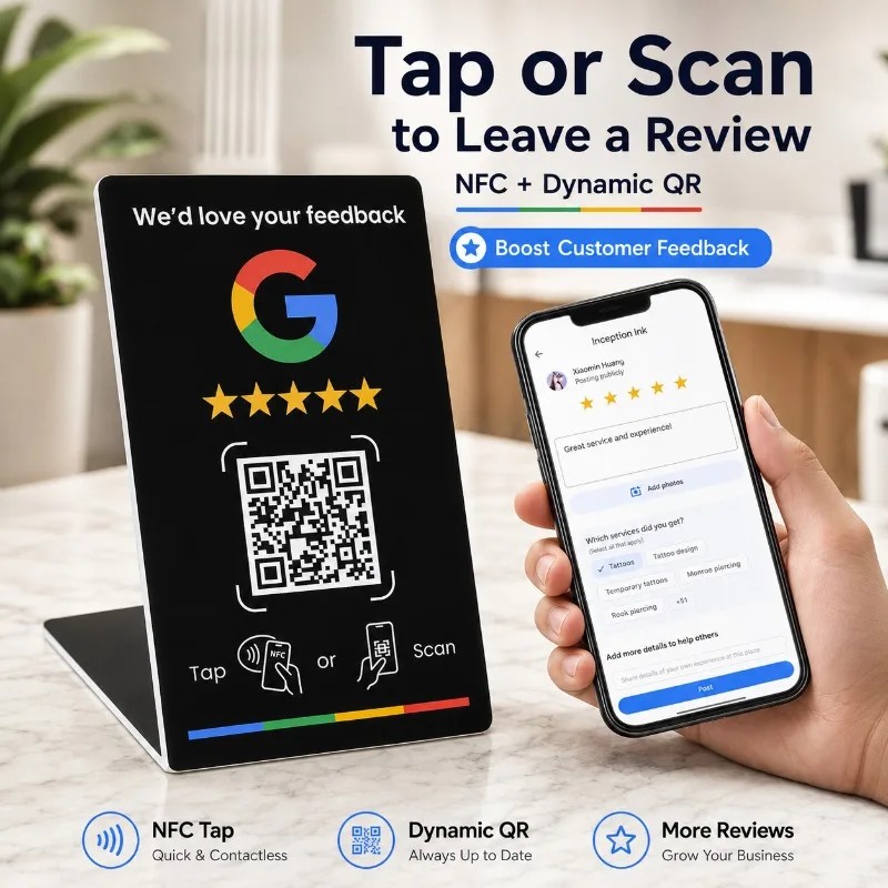 1/5PCS NFC Review Card Stand with Dynamic QR Code, NTAG215 Tap To Review Sign for Google Links, Cafes and Salons