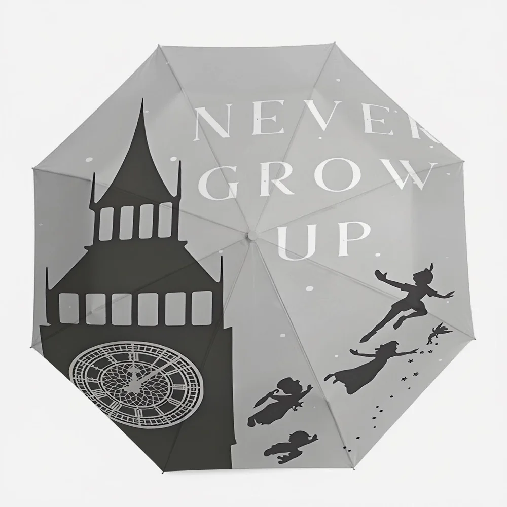Paraguas Plegable Automático con Estampado de la Silueta de Big Ben de Disney Peter Pan "NEVER GROW UP", Paraguas de Viaje Resistente al Viento e Impermeable para Niños