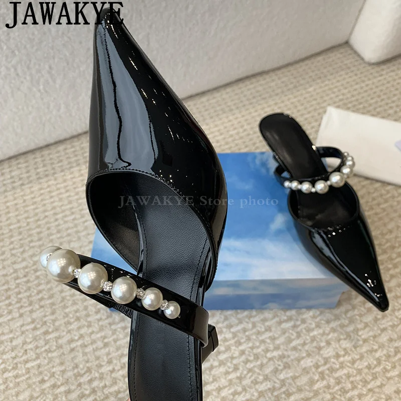 

Patent Leather Pointy Toe Kitten Heels Slippers Women Pearl Inlay Designs Mules Slippers Summer Sexy Dress Party Shoes Woman