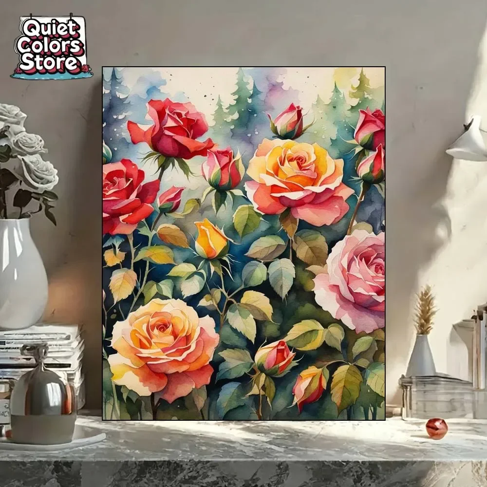 Acuarela de una variedad de rosas en colores vivos lienzo sereno adultos Diy Kit de pintura al óleo Digital marco no incluido