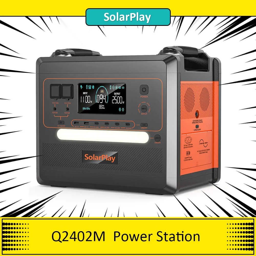 SolarPlay Q2402M Portable Power Station, 2304Wh 2500W LiFePO4 Battery, 1100W Input Power, 12 Output, Full Charge in 1.5H