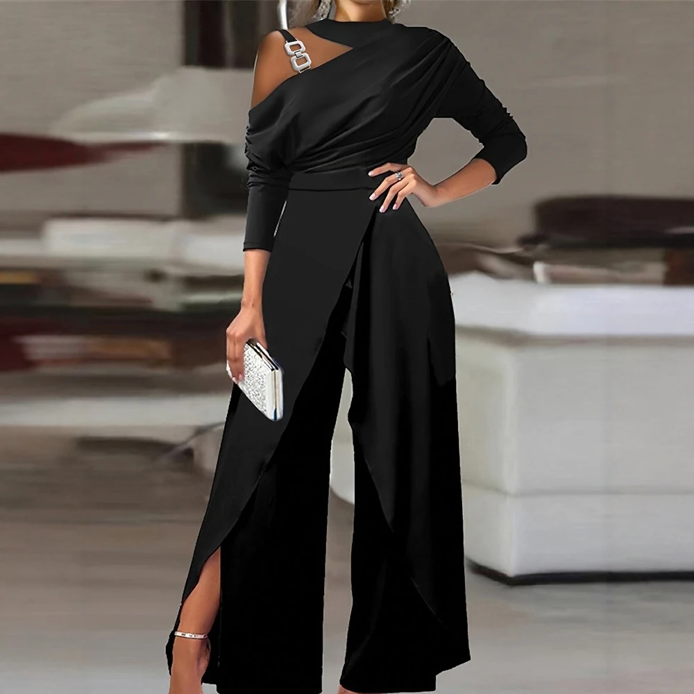 

Женские осенние модные комбинезоны с круглым вырезом и длинными рукавами, простые повседневные брюки полной длины с широкими штанинами для женщин