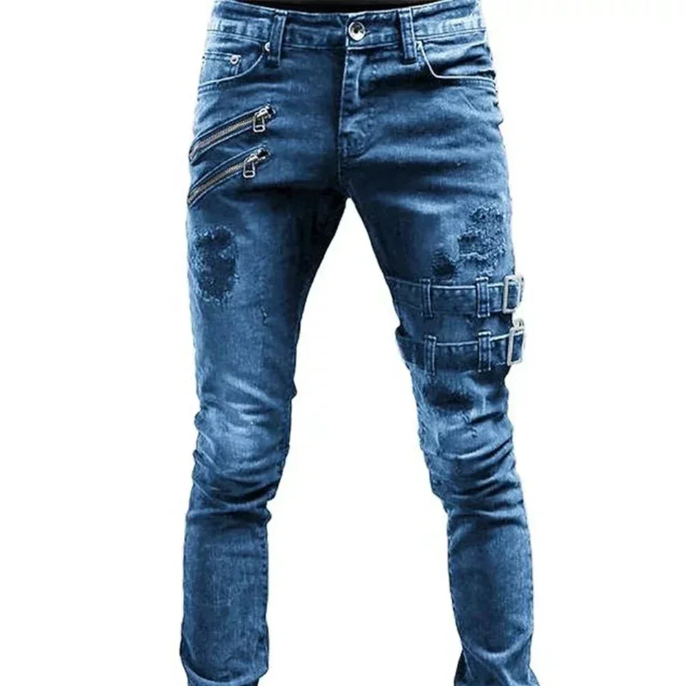 New Men Retro Moto Biker Straight Elastic Jeans Zipper Hole Streetwear Punk Skinny Denim Cargo Pants Pantalones Y2K Clothing