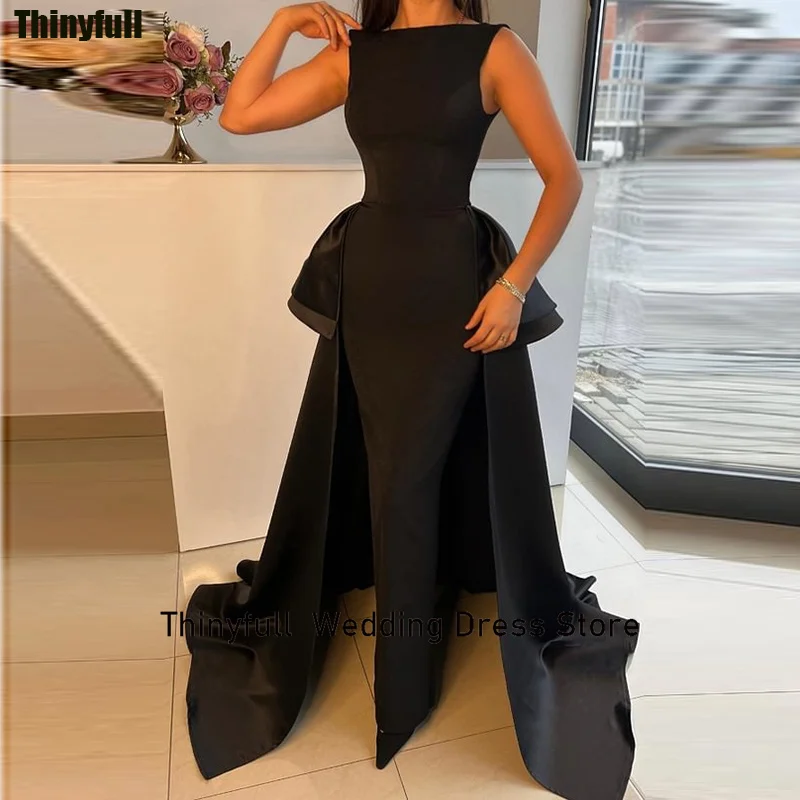 Thinyfull Black Mermaid Evening Party Dresses Sleeveless O-neck Satin Prom Dress Customized Formal Occasion Gown Robe De Soirée