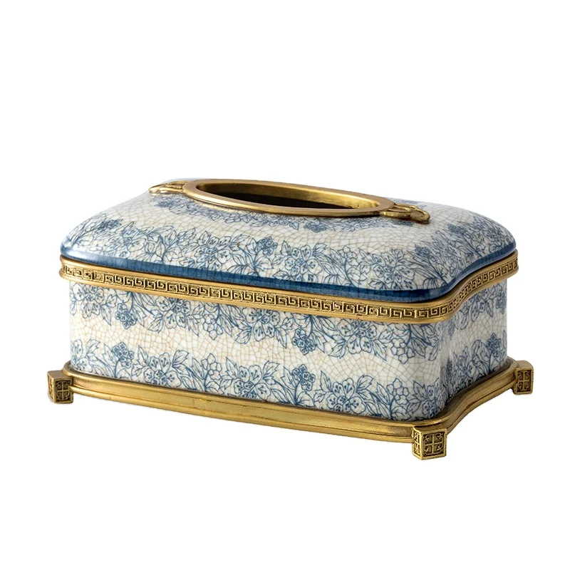 luxury antique blue and white painting porcelain brass tissue box table toilet paper case dispenser for home decoration