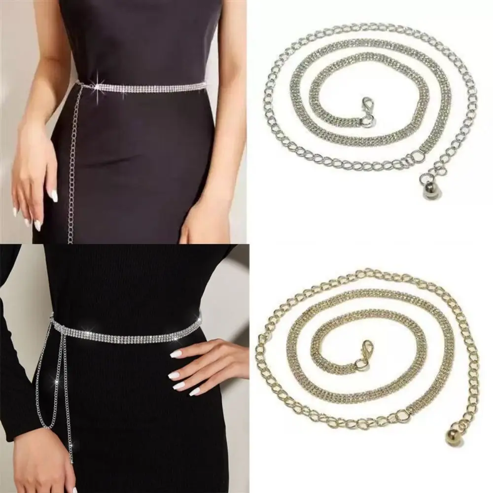 Fashion Bling Zircon Inlaid Waist Belt 3 Rows Long Chain Rhinestone Waistband Adjustable Waist Strap Crystal Waist Chain Party