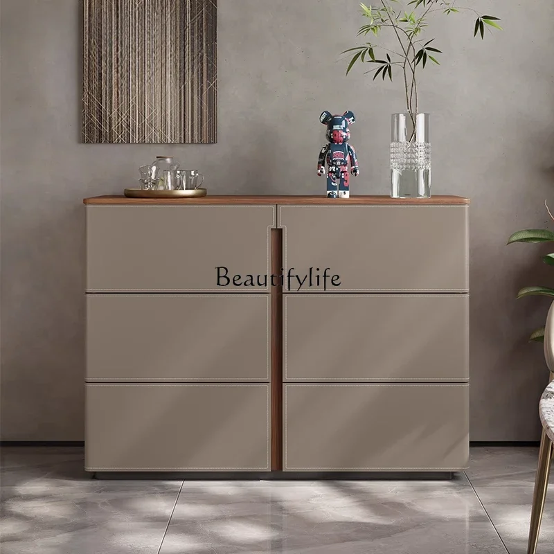 

yj5Italian saddle leather solid wood porch cabinet living room against the wall storage high bedroom TV cabinet