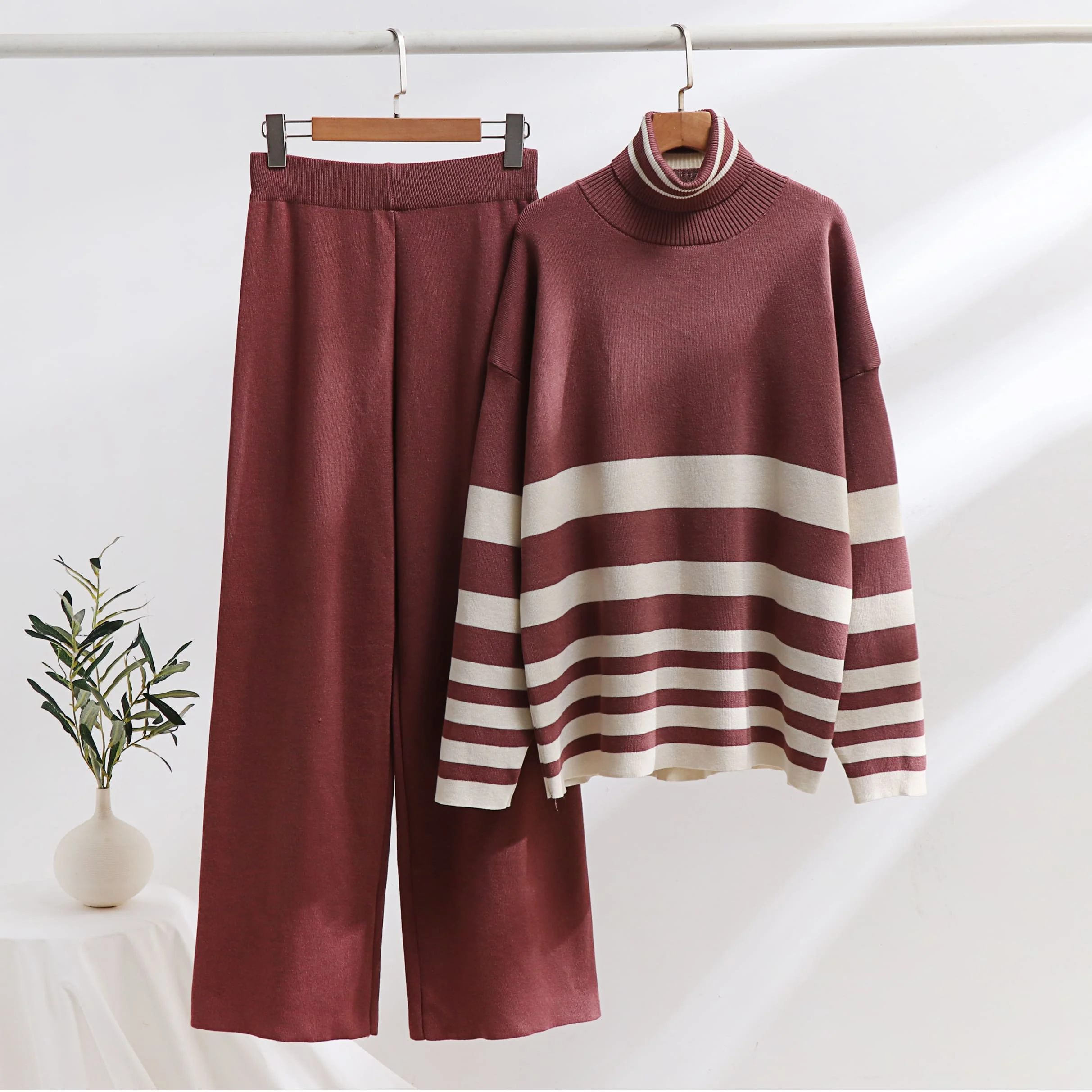 

Autumn Winter Fashion 2 Piece Set Women Casual Knitting Tutrtleneck Neck Striped Sweater +Casual Wide Leg Pants Sets