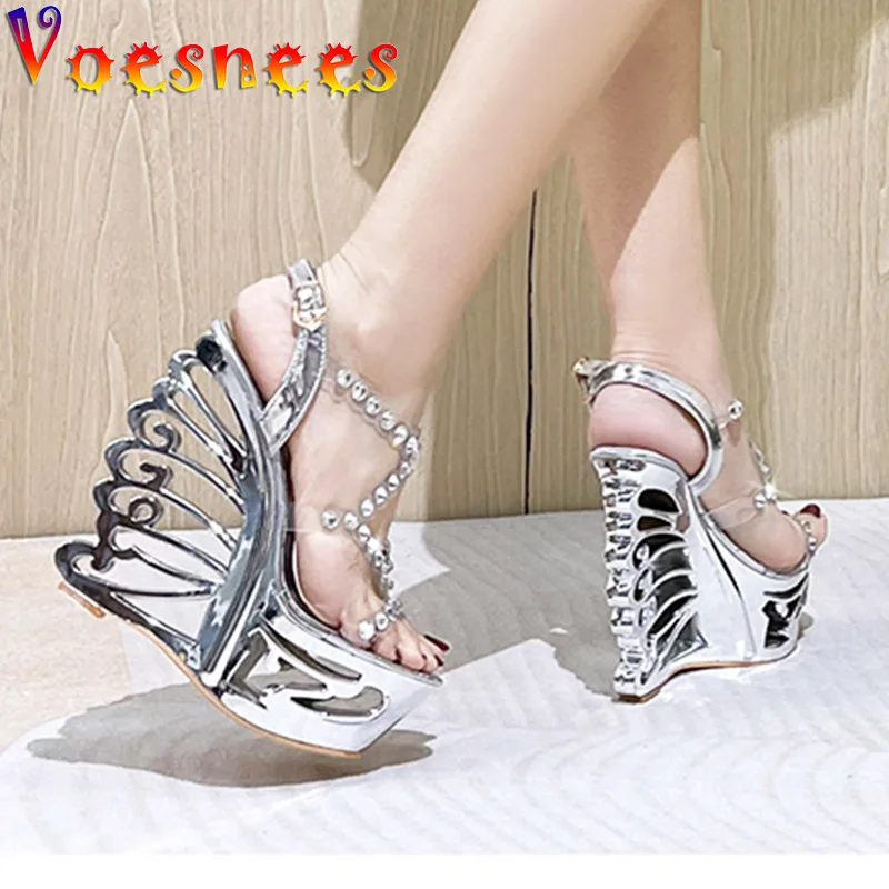 Voesnees Summer New Hollow Out Wedge Women\'s Pumps Shiny Sequins Fashion Party Shoes Club Heels Transparent Narrow Belt Sandals