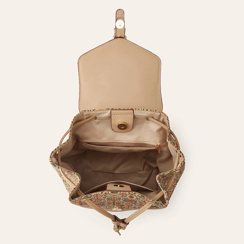 Backpack Bags Retro Cork Leather National Flower Printing  Large Capacity Flap Cover Crossbody Bag - view 4