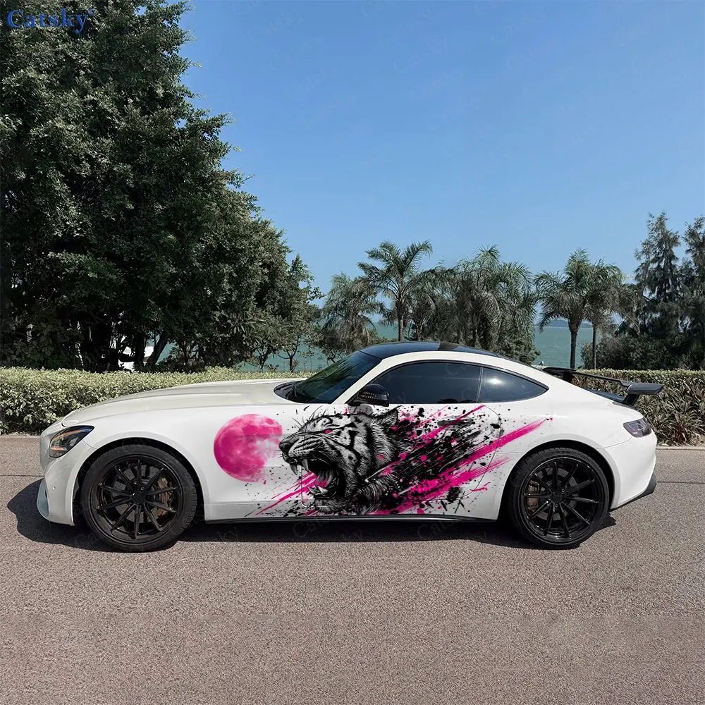 2pcs Black-Pink Splatter Tiger Car Side Wraps, Self-Adhesive PVC Waterproof & Scratch-Resistant Stickers, Car Accessory Gift