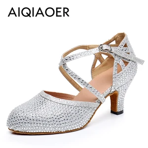 Lady's Strass Latin Tanzschuhe, Salsa, Tango, Ballsaal -Party -Turnschuhe, Schwarz, Silber, High Heels, geschlossener Fuß, Mädchen, Outdoor, Mädchen 10 Hauptverkäufe geschlossene Tanzschuhe - №5