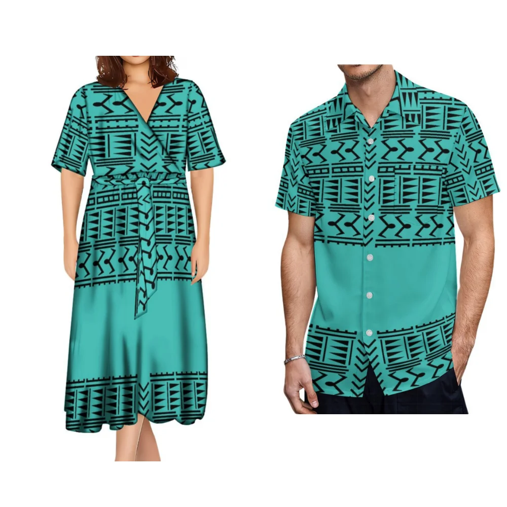 2024 New Pacific Islands Women's And Men's Couples Set Polynesian Custom Patterned Women's Dress Men's Shirt Summer Short Sleeve