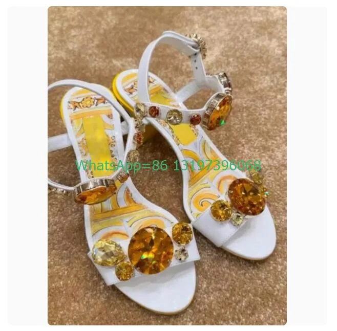 Lady 12cm yellow elegant rhinestone platform sandals chunky heel buckle strap banquet colorful printed demand pumps size 35-43